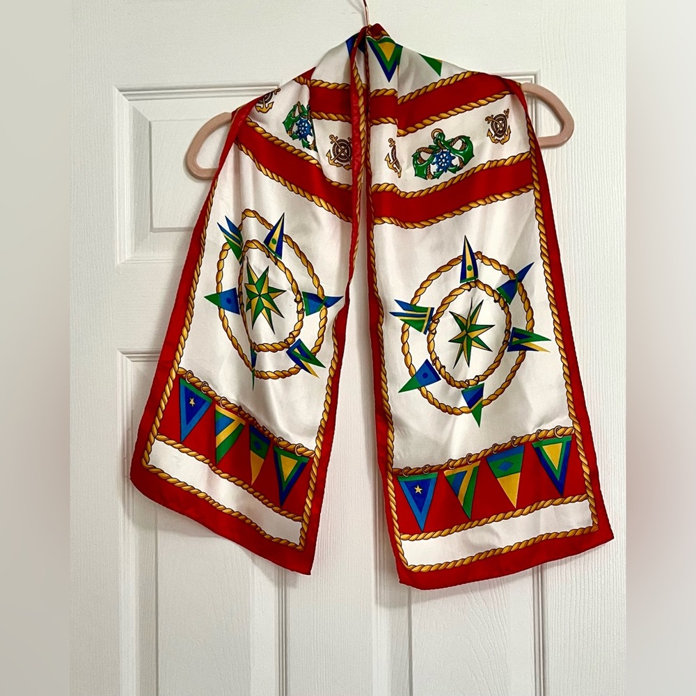 Vintage Nautical Silk Scarf Red Border Compass Rope & Flag Design 10.5x52